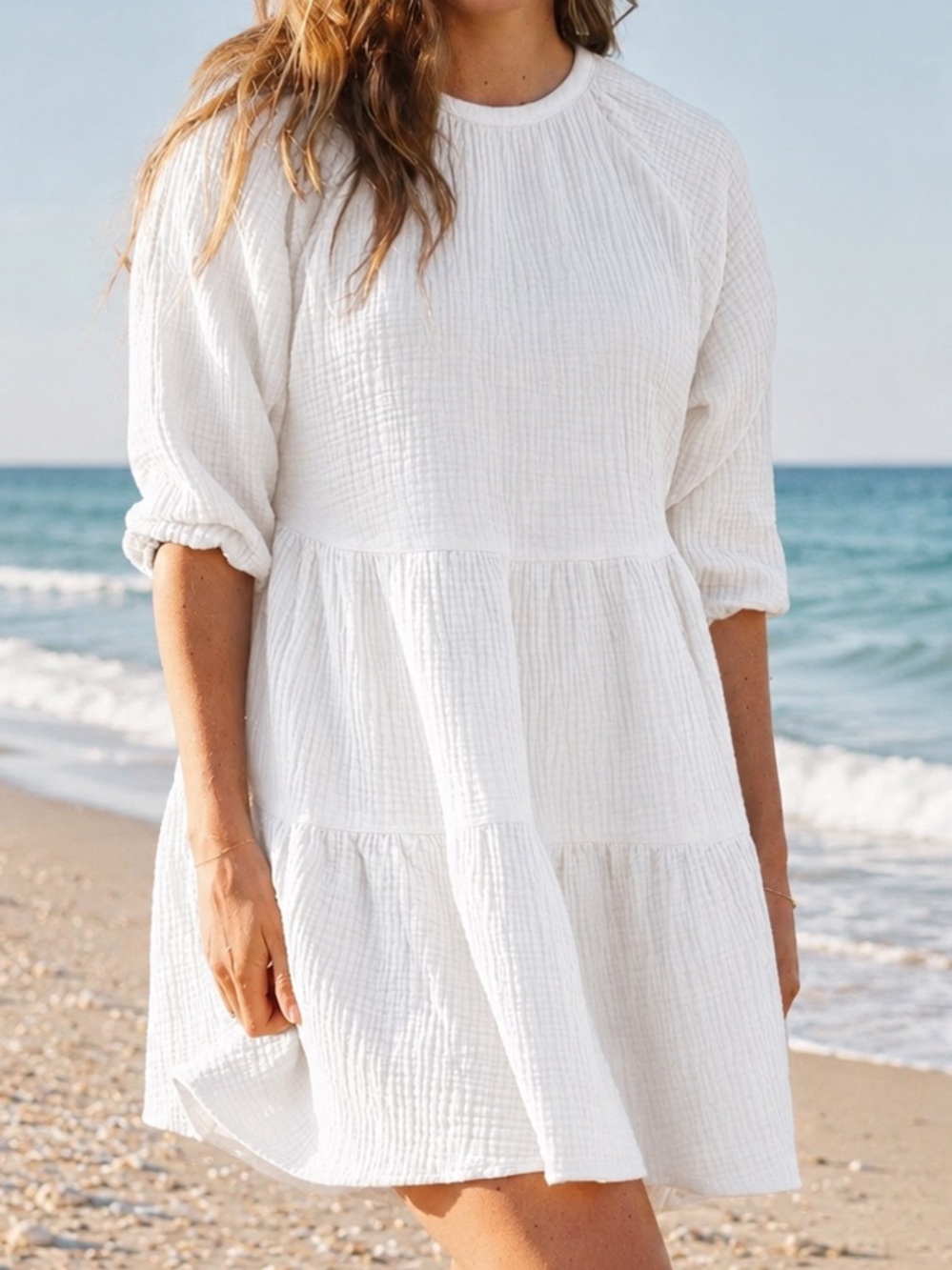 Alice Walk Organic Cotton Gauze Tiered Dress White XL Lightweight Puff Sleeve